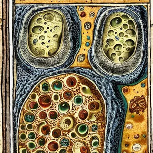 Prompt: bacteria under a microscope , medieval book illustration , stunning masterpiece