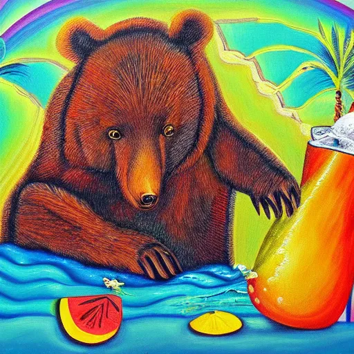 Image similar to bear drinking a pina colada from a coconut | award winning psychedelic oil painting on canvas