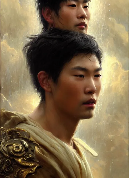 Image similar to young asian man, god of rain, flowing robes, powerful, smug expression, highly detailed painting by gaston bussiere, craig mullins, j. c. leyendecker 8 k, sparkling storm clouds