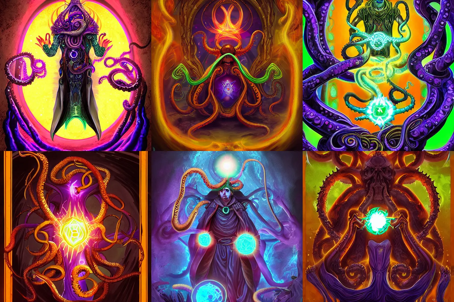Prompt: digital tarot card painting of a warlock opening a portal, hyperdetailed, tentacles, eldritch abomination, vivid colors, beautiful, trending on Artstation
