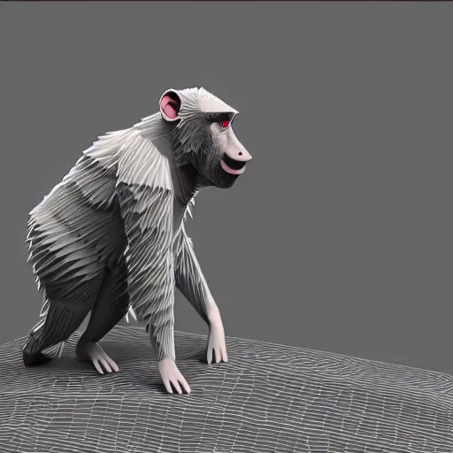 Image similar to a cute isometric 3 d low poly render of a baboon using a camera, detailed lighting