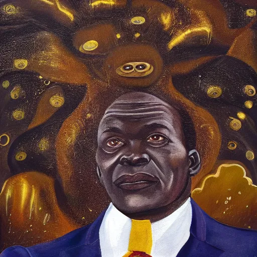 Image similar to a painting of a loving, caring fatherly wide forehead, aquiline nose, round face, XXL , generous, ever-present, humble, wise elder from Kenya in a suit by Wangechi Mutu . Fatherly/daddy, focused, loving, leader, relaxed. Gold background, heavenly lights, details, smooth, sharp focus, illustration, realistic, cinematic, artstation, award winning, rgb , unreal engine, octane render, cinematic light, macro, depth of field, blur, light and clouds, highly detailed epic cinematic concept art CG render made in Maya, Blender and Photoshop, octane render, excellent composition, dynamic dramatic cinematic lighting, aesthetic, very inspirational, arthouse.