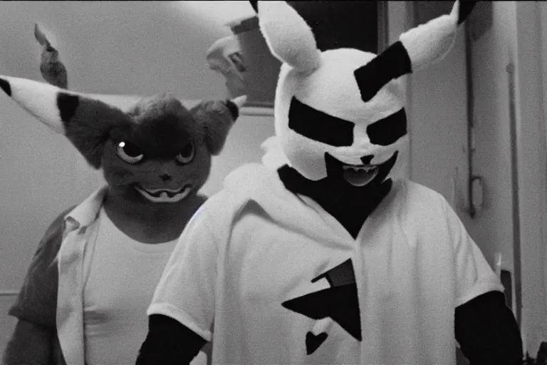 Prompt: Jack Nicholson dressed up in costume of Pikachu, scary, horror, still from the film by Stanley Kubrick