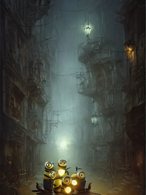 Image similar to lots of scary Minions chasing me at night,dark street,dim light,realistic,by Alex Horley,Heather Theurer,aaron horkey,Greg Rutkowski,trending on pinterest,full of color,cinematic,cinematic lighting
