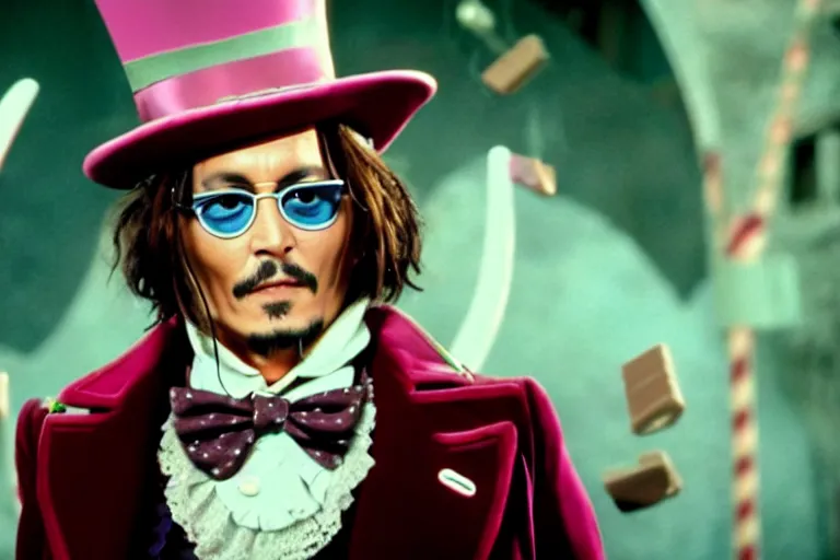 Image similar to cinematic still of johnny depp playing a whimsical character holding a large knife covered in dripping fudge in willy wonka & the chocolate factory film directed by tim burton, movie still, long lens, shallow depth of field, bokeh, anamorphic lens flare