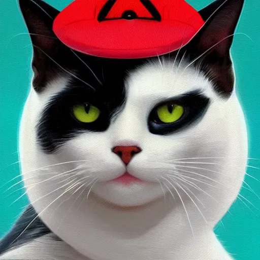 Image similar to Portrait of a Cat wearing a Mario hat, kawaii aesthetic, nintendo, highly detailed, digital painting, artstation, concept art, smooth, sharp focus, illustration, art by artgerm and greg rutkowski and alphonse mucha