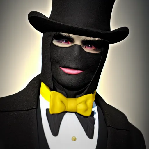 Image similar to a highly detailed portrait of a man in a high top hat covering his face, in a black tailcoat with a yellow waistcoat under the tailcoat, artstation, deviantart, professional, unreal engine 5, photorealistic