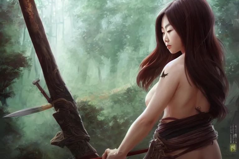Image similar to beautiful cinematic fantasy poster, asian woman side view using a bokken in forest ; by artgerm ; wayne n reynolds art station ; cinematic quality character render ; high quality ac - h 9 6 0