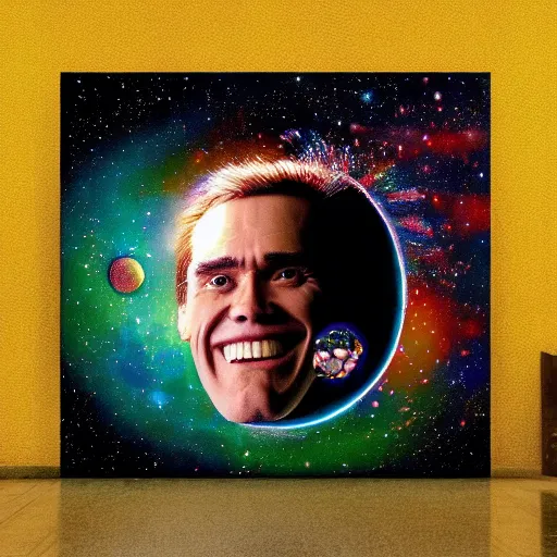 Image similar to jim carrey big smile exploding head, cosmic starfield background oil painting masterwork trending on artstation