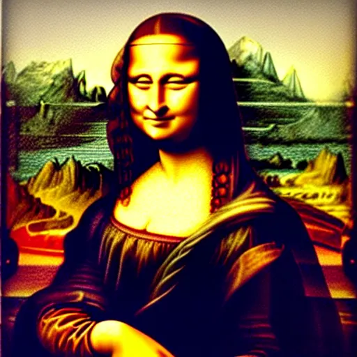 Image similar to failed restoration of mona lisa, modernized features, partly ruined painting
