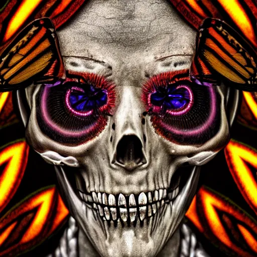 Image similar to a portrait of a skelton with moth wings, highly detailed, digital photo, hdri, by christopher bretz and john carpenter, vivid colors, high contrast, 8 k resolution, intricate, photorealistic, smooth, psychedelic color scheme, concept art, award winning, cg society contest winner