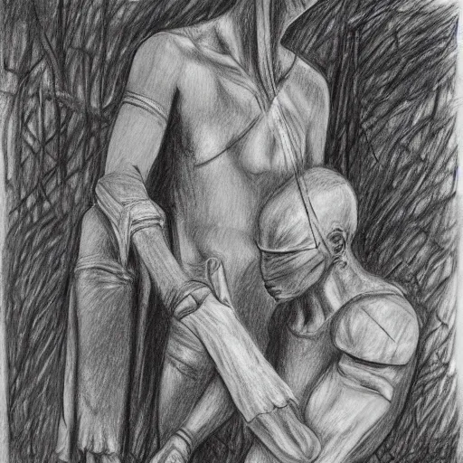 Prompt: one mummy in bandages touches head of warrior, in jungle, pencil drawing