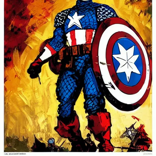 Prompt: captain America in medieval knights battle armor, by Ashley Wood, Yoji Shinkawa, Jamie Hewlett, 60's French movie poster, French Impressionism, vivid colors, palette knife and brush strokes, Dutch tilt