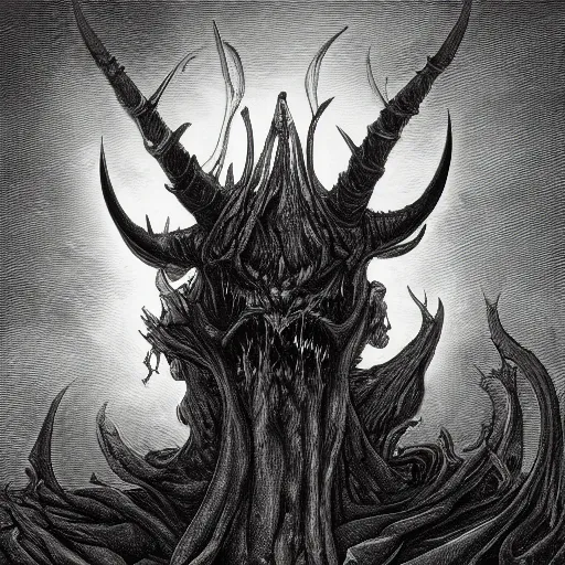 Image similar to full body grayscale drawing by Gustave Dore and Anato Finnstark of horned muscled humanoid demon, 3/4 view from below, engulfed in swirling flames