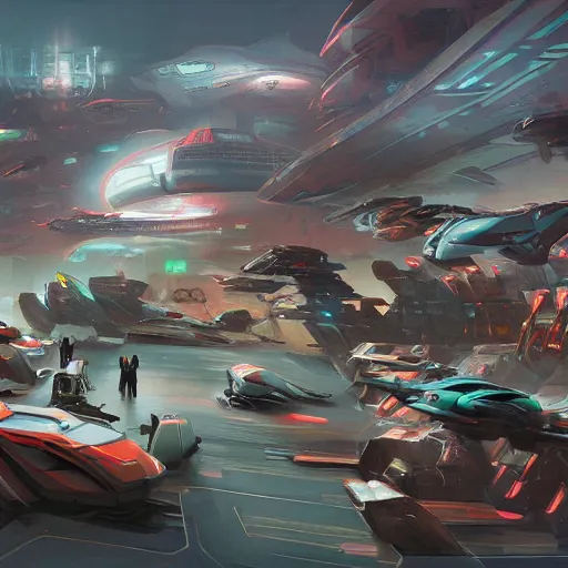 Prompt: busy sci - fi fleet market by pu hua, artstation contest winner