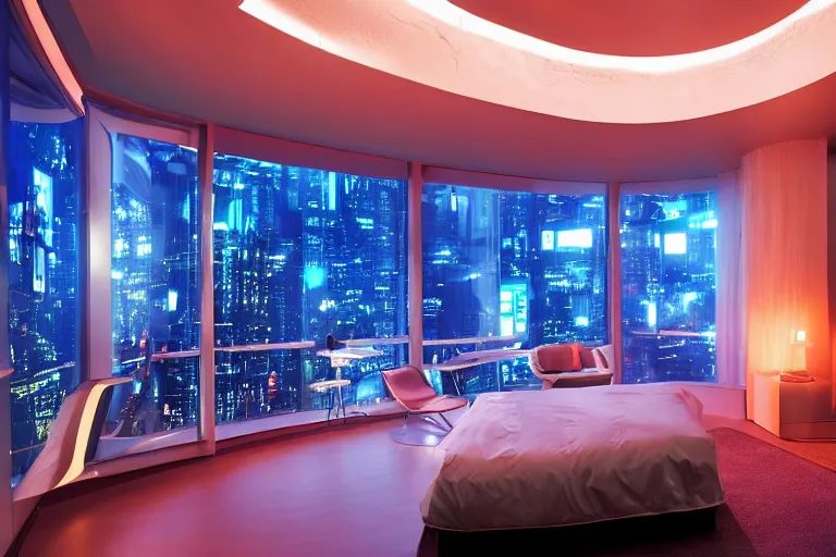 Image similar to a futuristic bedroom with large curved ceiling high windows looking out to a far future cyberpunk cityscape, cyberpunk neon lights, raining, scifi