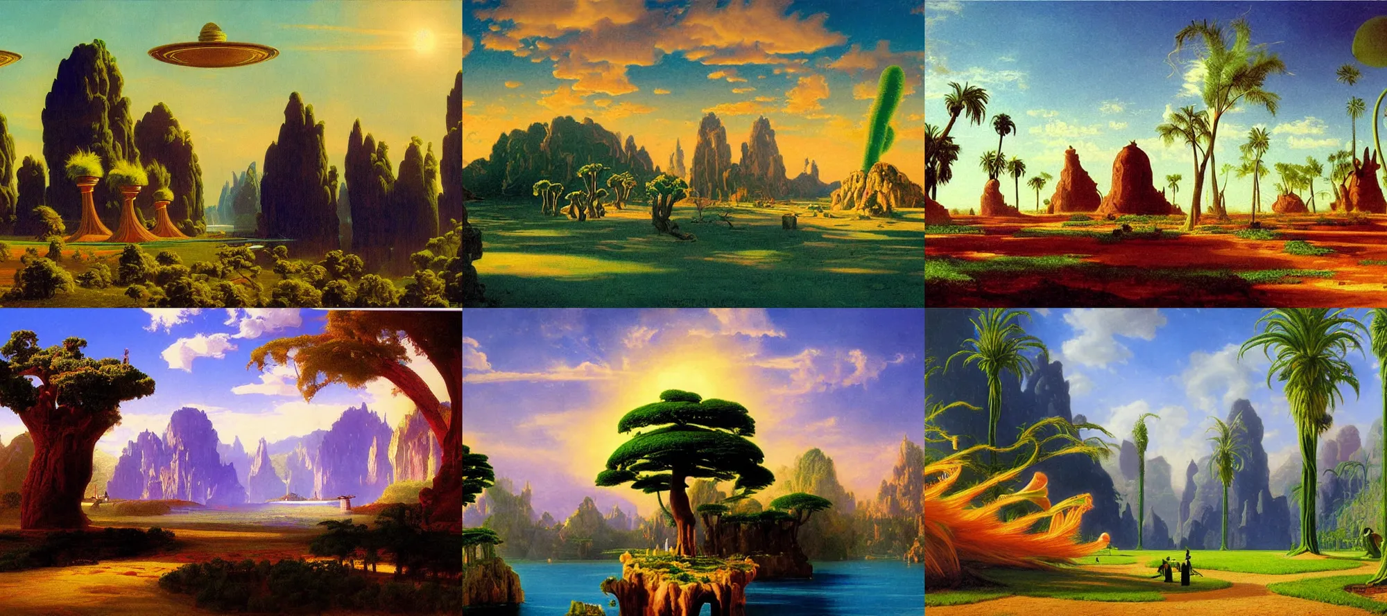 Prompt: naboo landscape in the style of dr. seuss, starships, painting by albert bierstadt