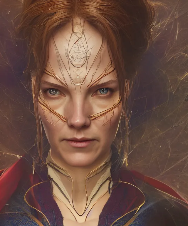 Image similar to woman doctor strange, au naturel, hyper detailed, digital art, trending in artstation, cinematic lighting, studio quality, smooth render, unreal engine 5 rendered, octane rendered, art style by klimt and nixeu and ian sprigger and wlop and krenz cushart