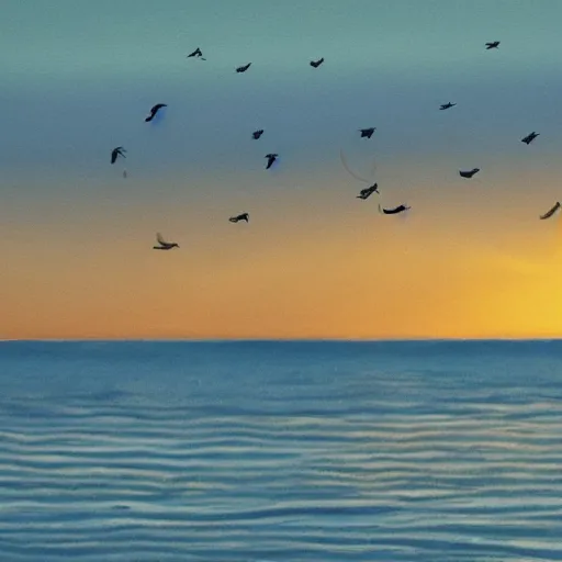 Image similar to A hand-drawn sailboat circled by birds on the sea at sunrise