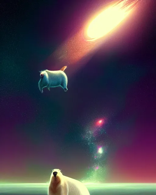 Image similar to a white capybara cruising the milky way, beautiful, agile, myth, legend, trending on artstation, light effects, kilian eng, john harris, bastien lecouffe - deharme