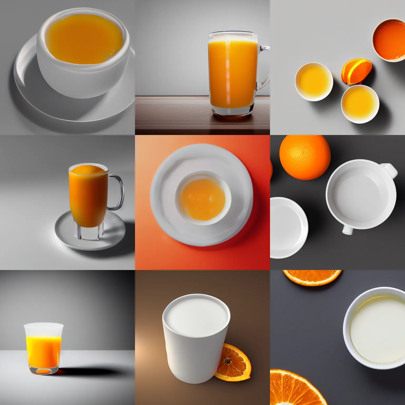 Prompt: a white cup with orange juice in it, octane render, 4 k, uhd, white background, diffuse lighting