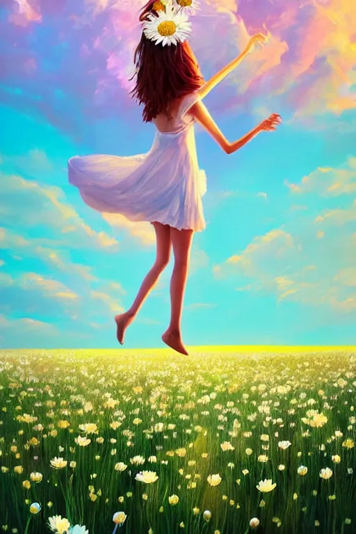 Image similar to giant white daisy flower as head, girl dancing in a flower field, surreal photography, sunrise, dramatic light, impressionist painting, colorful clouds, digital painting, artstation, simon stalenhag