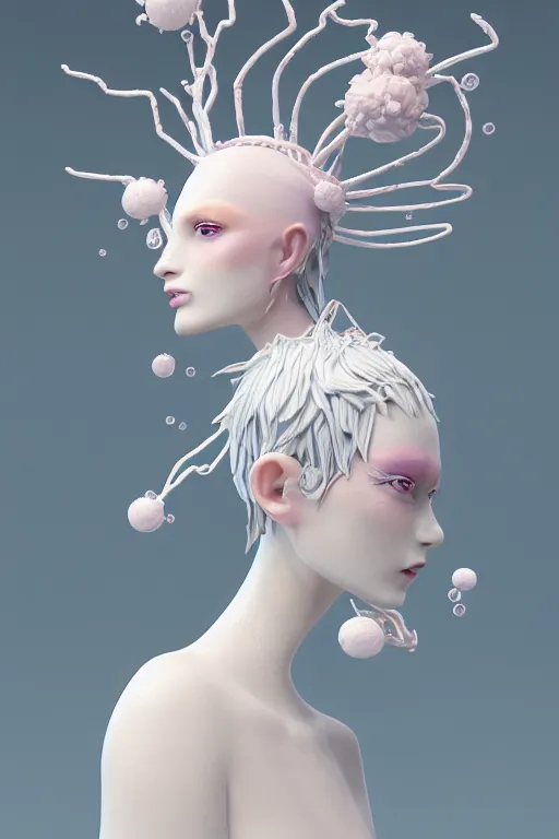 Image similar to an epic non - binary model, subject made of white melting porcelain, mesh headdress, with cerulean and pastel pink bubbles bursting out, delicate, beautiful, intricate, melting into eevee, houdini sidefx, by jeremy mann and ilya kuvshinov, jamie hewlett and ayami kojima, trending on artstation, bold 3 d