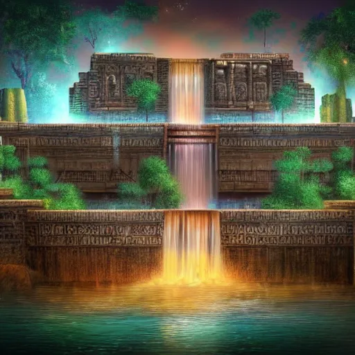 Prompt: old babylonian structure with waterfalls, retrowave epic art, trending on art station