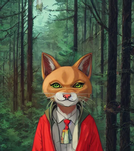 Image similar to close up character portrait icon of the anthro anthropomorphic cat head animal person fursona wearing clothes standing in the bright forest, hidari, color page, tankoban, 4 k, tone mapping, akihiko yoshida