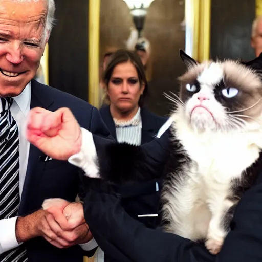 Prompt: grumpy cat being petted by joe biden