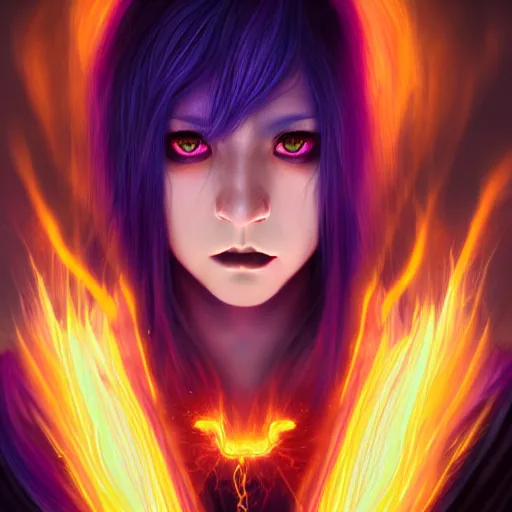 Prompt: rimuru tempest from tensura holding purple fire in his palm, with amber eyes of golden colored eyes, straight hair, sky blue hair, long bangs, gothic attire, regal attire, concept art, award winning photography, digital painting, cinematic, wlop, 8 k, by ross tran, tom bagshaw, andy warhol