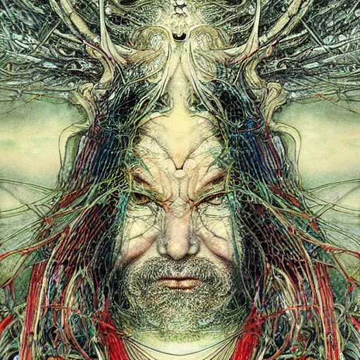 Image similar to simple concept art portrait of, ‘ the old god ’. an award winning yoshitaka amano digital art poster, by james gurney and gerhard richter. art by takato yamamoto. masterpiece, deep colours.