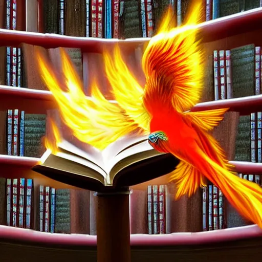 Prompt: a cute flaming mythical hummingfirebird reading a book in a library #epic-3D-digital-artwork-render