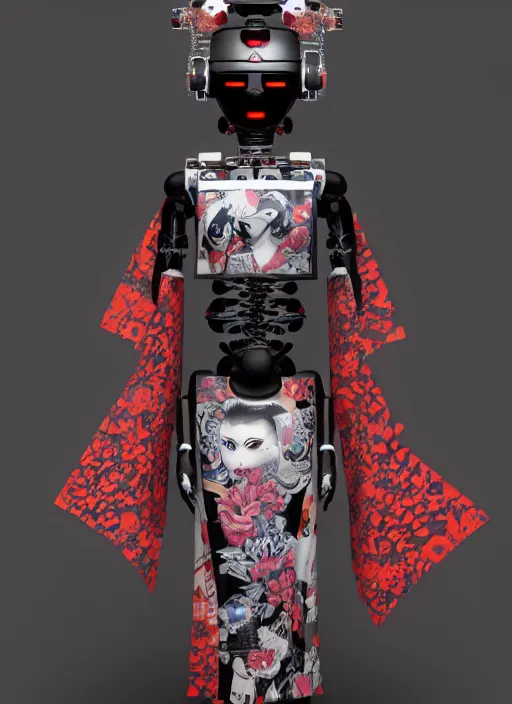 Image similar to full body portrait of a gothic style japanese robot geisha with kanji tattoos and decals wearing a digital pixelated kimono, intricate design, photo - realistic, octane render, dark colour palette, ultra fine detailed, character design, trending on artstation