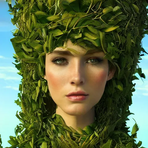 Image similar to giant humanoid Mother Nature made of vines and leaves and a crown made of flowers towering over a tropical island, Dramatic Lighting, Trending on Artstation HQ, 4K, UHD.