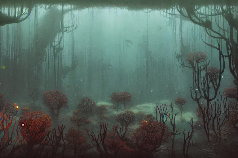 Image similar to Fantastical murky underwater forest by Shaun Tan and Moebius, trending on artstation