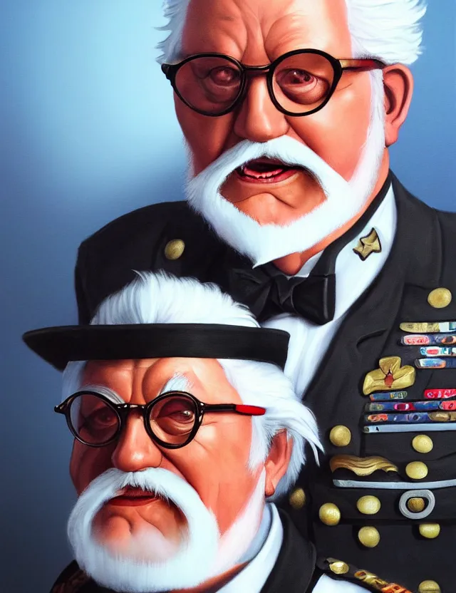 Image similar to a portrait of colonel sanders wearing a military uniform and an eyepatch, by moebius and tyler edlin and hr giger, trending on artstation, digital art, 4 k resolution, detailed, high quality, sharp focus, hq artwork, coherent, insane detail, concept art