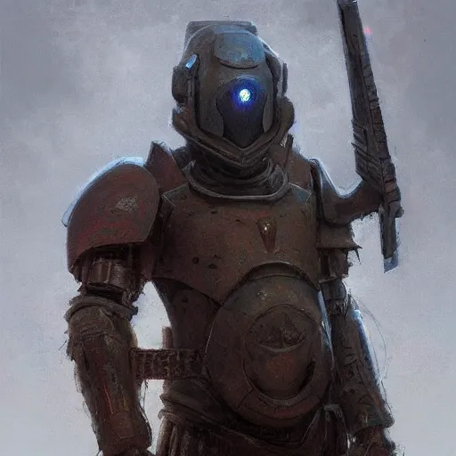 Prompt: portrait of handsome, haunted, brown - bearded far - future resistance fighter wearing partial byzantine power armor and shemagh carrying slender laser rifle with bayonet by greg rutkowski, beksinski, deak ferrand, anato finnstark, and rembrandt