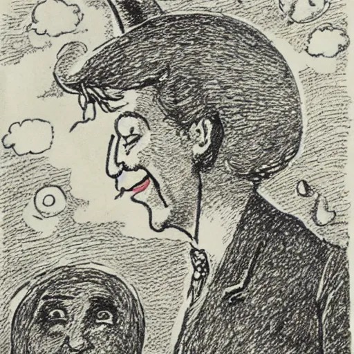 Prompt: cresent moon man smiling portrait, surrounded by clouds, landscape, illustrated by peggy fortnum and beatrix potter and sir john tenniel