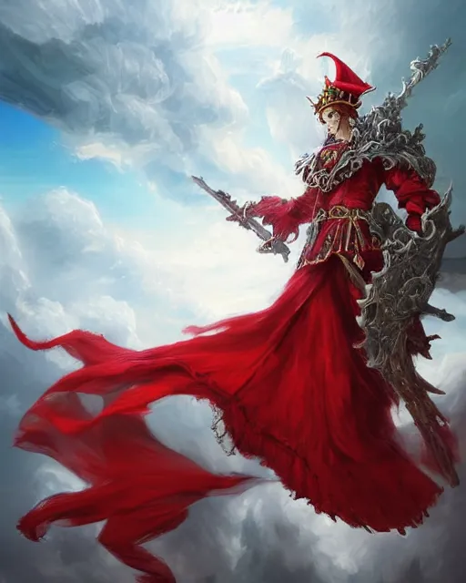 Prompt: A Full View of a Red Mage wearing magical shining armor and a feathered hat surrounded by an epic cloudscape. Magus. Red Wizard. Magimaster. Conquistador armor. Red and white stripes. Fantasy Illustration. masterpiece. 4k digital illustration. by Ruan Jia and Mandy Jurgens and Artgerm and greg rutkowski and Alexander Tsaruk and WLOP and Range Murata, award winning, Artstation, art nouveau aesthetic, Alphonse Mucha background, intricate details, realistic, panoramic view, Hyperdetailed, 8k resolution, intricate art nouveau