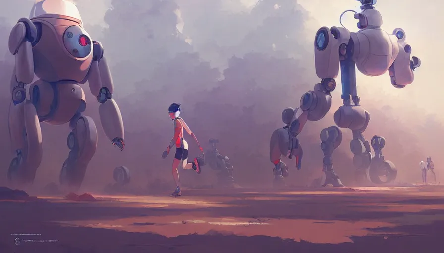 Image similar to running robots in a marathon, digital painting, illustration by artgerm and greg rutkowski and studio ghibli, artstation