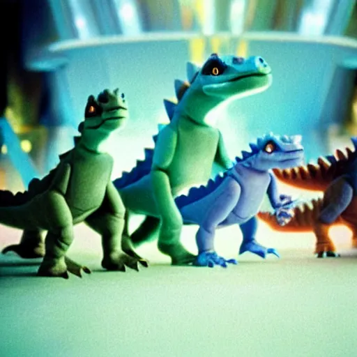 Image similar to baby dinosaurs in tron movie, cinestill