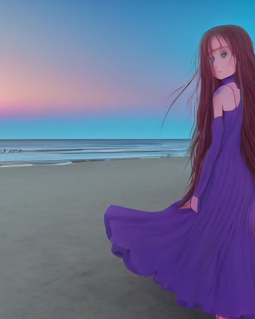 Image similar to a 1 8 - year - old girl wearing a violet dress, standing on a beach, with her eyes on the dusk, natural lighting, hyperdetailed anime - styled illurstration, 4 k