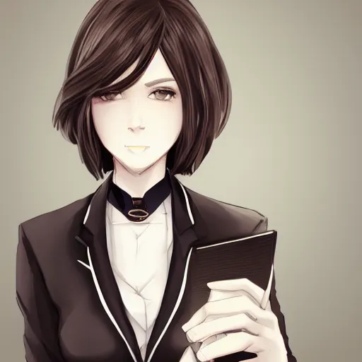 Image similar to woman in black business suit, chill, light brown neat hair, pixiv, fanbox, trending on artstation, portrait, digital art, modern, sleek, highly detailed, formal, serious, determined, lawyer, colorized, smooth, charming, pretty, safe for work