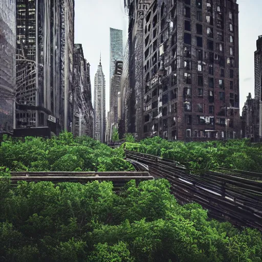 Prompt: New York City Abandoned and Overgrown, ultra realistic, 8k, intense, vivid