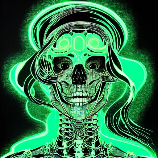 Image similar to portrait top light, by killian eng and joe fenton and martin deschambault and conrad roset, inspired by a cyber skeleton, neon green and grey only, etching and paint wash, fine sharp high detail,