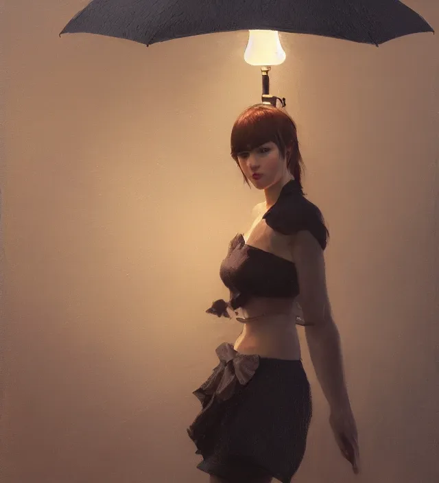 Prompt: lamp that is an umbrella, very detailed texture, realistic shaded lighting, art style by ilya kuvshinov, katsuhiro, artgerm, jeremy lipkin, michael garmash, nixeu, unreal engine 5, radiant light, intricate environment