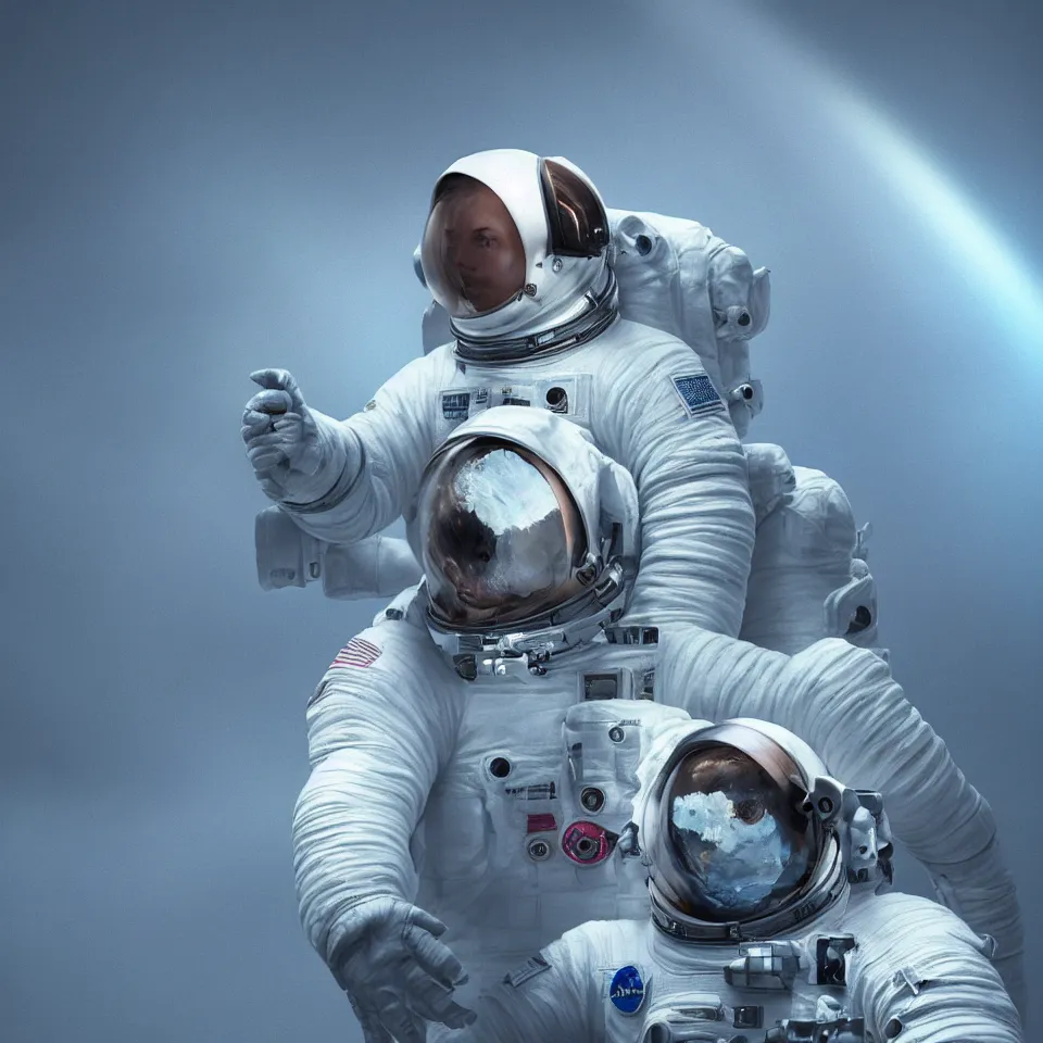 Image similar to portrait of a astronaut wearing head phones by ben templesmith, dynamic lighting, gradient light blue, blonde cream and white color scheme, epic composition, hd, octane, unreal engine, volumetric lighting, light rays, masterpiece, award - winning