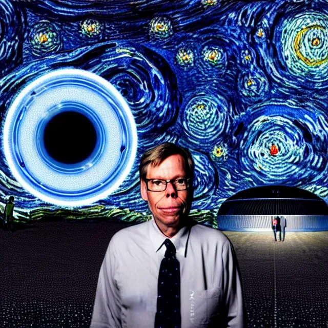 Prompt: a photo of bob lazar standing in area 5 1, alien spaceship and flying saucers inside hangar with open doors in background, starry night sky, cinematic lighting, detailed symmetrical face, photorealistic, highly detailed