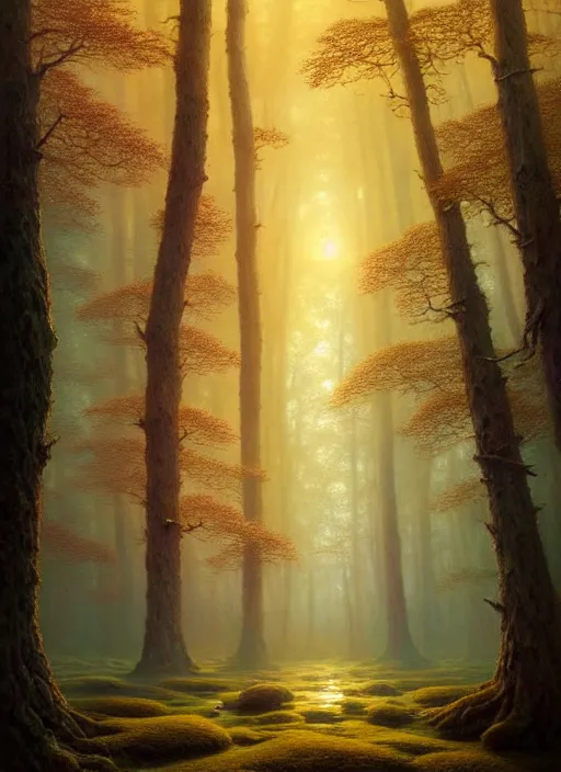 Image similar to a hyper - detailed 3 d render like a oil painting of the multidimensional forest in the golden light of dawn, surrealism!!!!! surreal concept art, lifelike, photorealistic, digital painting, aesthetic, smooth, sharp focus, artstation hd, by greg rutkowski, chris tulloch mccabe, valentina remenar and asher duran,